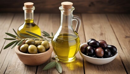 bottle of olive oil and fresh olive in a container on wooden table