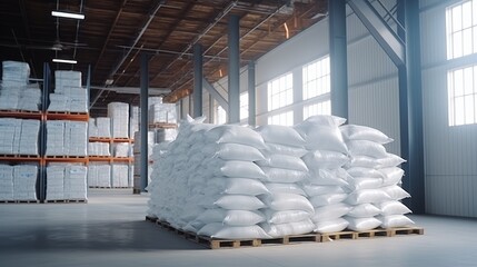 Hangar warehouse with big white polyethylene bags of industrial