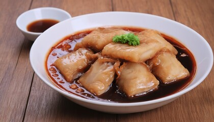 Braised Fish Maw in Red Gravy on wood background