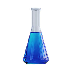 A blue liquid in a glass beaker. The beaker is tall and narrow isolated on white background.
