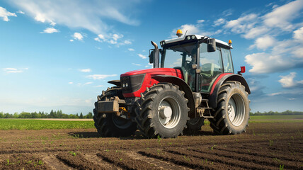 Obraz premium Farm tractor in the field under blue sky with white clouds
