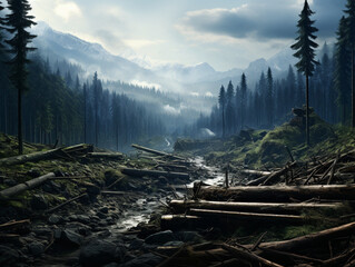 cutting down the forest in the morning , created with Generative AI technology