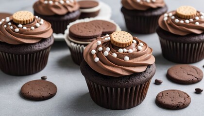 Chocolate coffee cupcakes with dark frosting decorated with sandwich cookies - obrazy, fototapety, plakaty