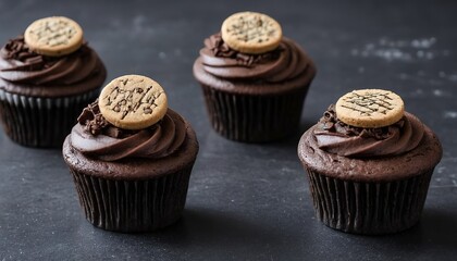 Chocolate coffee cupcakes with dark frosting decorated with sandwich cookies - obrazy, fototapety, plakaty