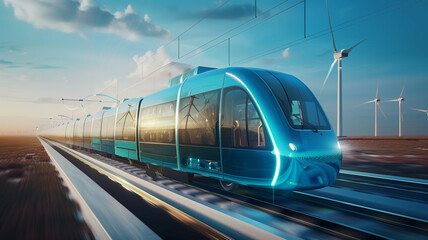 Hydrogen-fueled blue cell train on the road.