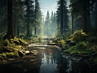 cutting down the forest in the morning , created with Generative AI technology