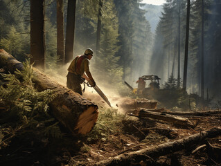 cutting down the forest in the morning , created with Generative AI technology