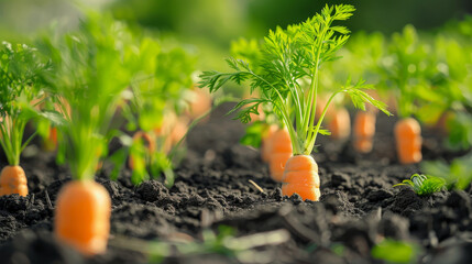 A collection of carrots protruding from the soil in a garden - obrazy, fototapety, plakaty