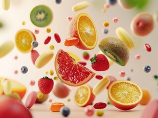 3D commercial Illustrate of Vitamins) food levitation