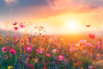 Beautiful meadow with wild flowers over sunset sky, nature field background with sun flare. Sunny summer or autumn nature backdrop in peach fuzz - color of the year 2024.