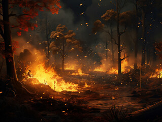 burning forest, fire, disaster, nature, created with Generative AI technology