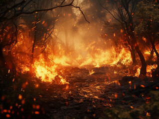burning forest, fire, disaster, nature, created with Generative AI technology