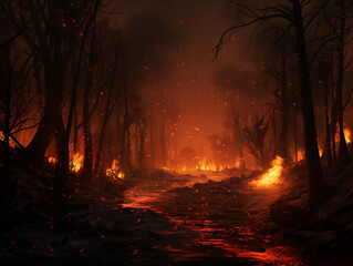 burning forest, fire, disaster, nature, created with Generative AI technology