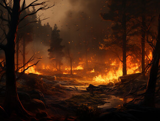 burning forest, fire, disaster, nature, created with Generative AI technology