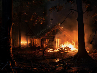 burning house in the forest, fire, disaster, nature, created with Generative AI technology