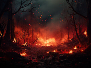 burning forest, fire, disaster, nature, created with Generative AI technology