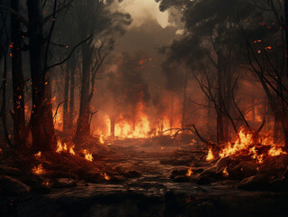 burning forest, fire, disaster, nature, created with Generative AI technology
