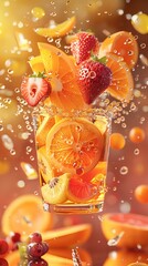 3D commercial Illustrate of Fruit juices food levitation
