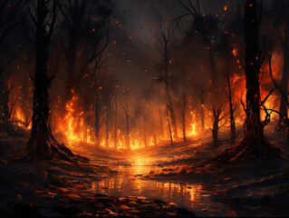 burning forest, fire, disaster, nature, created with Generative AI technology