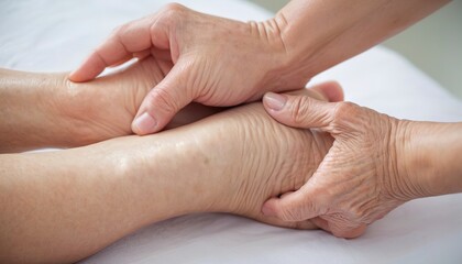 Fototapeta premium Close up on senior women feet and hand massage on injury spot