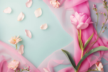 Pink flowers and petals scattered on a light blue surface