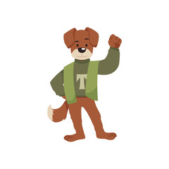Terrier dog college football talisman in jumper with letter T standing with fist up