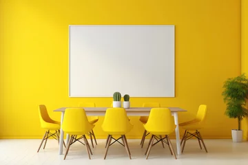 Fototapeten A vibrant yellow meeting room with a wooden feature wall and a blank white empty frame. © LOVE ALLAH LOVE