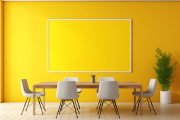 A vibrant yellow meeting room with a blank white empty frame.