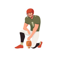 Smiling young boy in sport uniform with ball sitting on one knee flat style