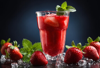 Fresh strawberry juice with ice and mint in glass. Cold summer drink. Garnished with a mint and a strawberry, this cocktail is ideal for any beverage themed content.