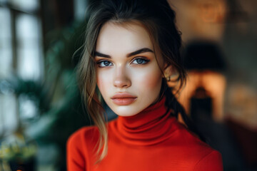 Elegant young woman in chic red turtleneck with her home interiors as background