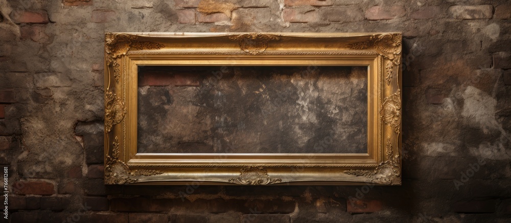 Poster a close up of a picture frame displayed on a wall, with a rustic brick wall in the background creati