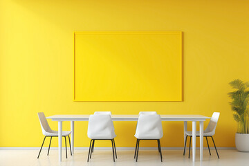 A vibrant yellow meeting room with a blank white empty frame.