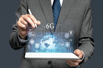 Businessman Exploring 6G Internet Displaying Benefits on Tablet - A Cutting-Edge Connectivity, Businessman Demonstrating Unlocking of 6G Potential on Tablet - Next-Gen Connectivity Illustration