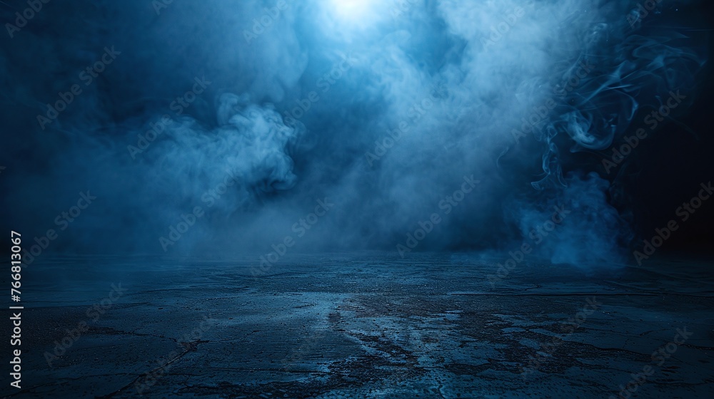 Poster dark blue background with asphalt and empty scene featuring neon lights and spotlights with concrete