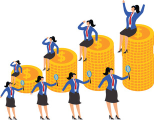 Employee performance marketing totals appraisal and review, Best Employee Competition, Employee Competition and Improvement, four managers with magnifying glasses reviewing the total annual earnings o