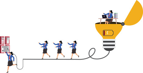 Generating power for creativity, new inspirations and ideas at work, brainstorming solutions to problems at work, businesswomen running on the wires of a light bulb charging the businesswomen sitting 