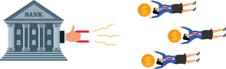 Attracting business investment, attracting loan customers or star savings subscribers, isometric banks hold a magnet in their hands to attract a group of businesswomen