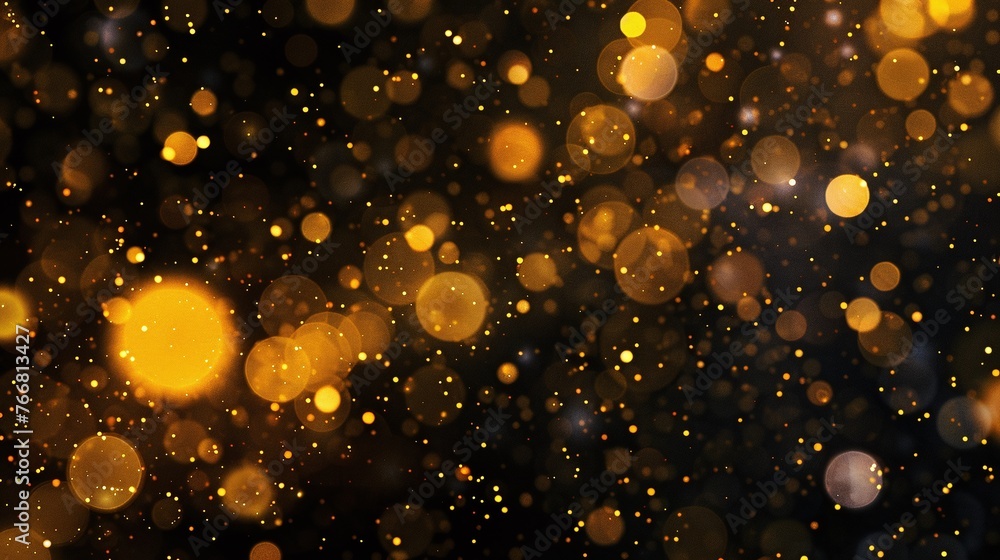 Poster artistic abstract blur bokeh background featuring gold light and black backdrop, creating a festive 