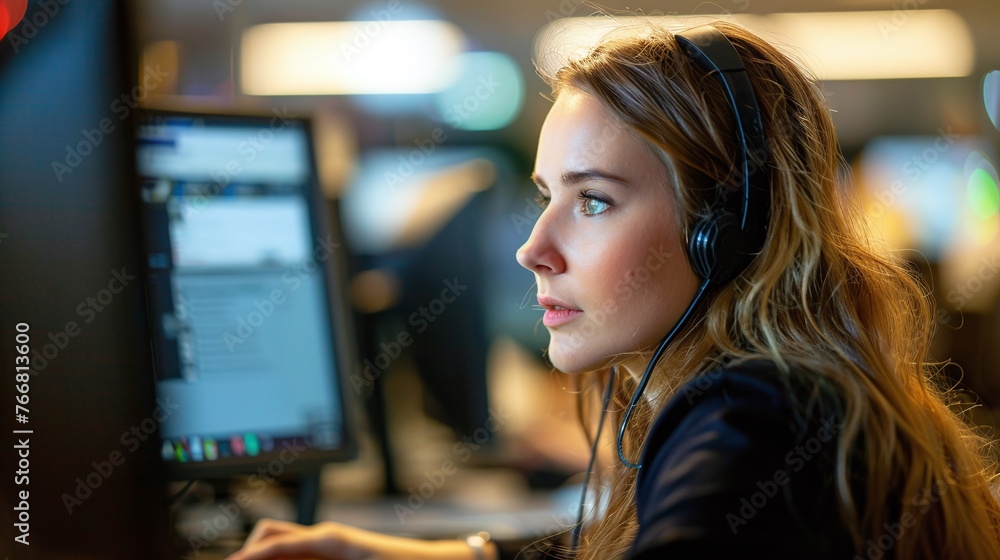 Poster female call center agent diligent and focused managing tasks on a computer within the central custom