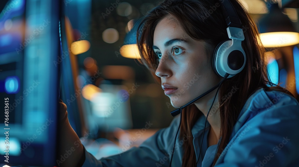 Poster focused and dedicated female call center agent managing tasks on a computer within the central custo