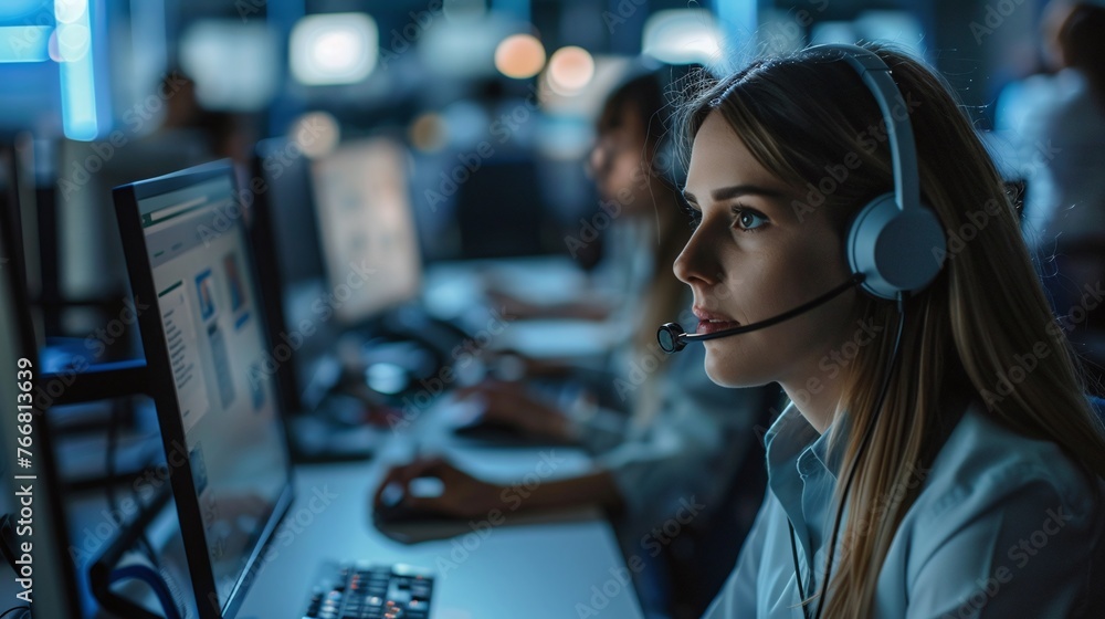 Poster professional female call center agent diligent and focused managing tasks on a computer within the c