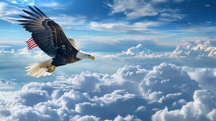 Fototapeta premium eagle soaring with american flag flying over the clouds majestic symbol of freedom and independence in the sky proud wildlife eagle high in the clouds
