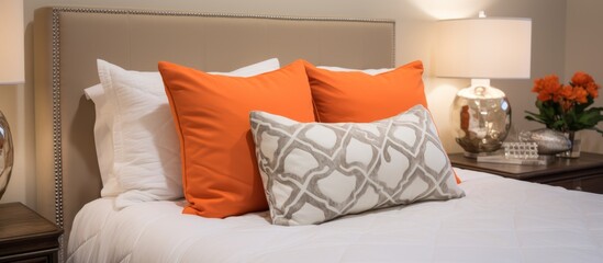 A comfortable bed with white sheets and orange pillows in a bedroom, adding a pop of color and style to the rooms furniture