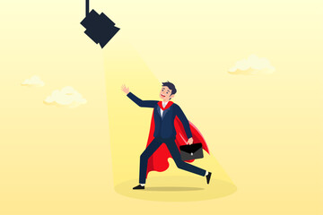 Confidence businessman superhero with spotlight shining, best success candidate, search for talent, outstanding staff or discover high performance employee, leadership, hiring or recruitment (Vector)