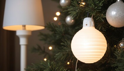 Close-up white lamp on christmas tree
