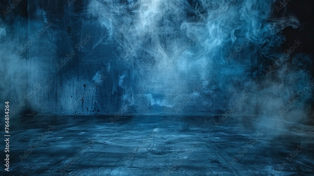 Poster abstract dark blue cement wall with smoke floating in studio room, creating a textured background fo