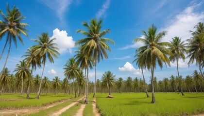 Fototapeta na wymiar Coconut palm plantation with blue sky in Thailand