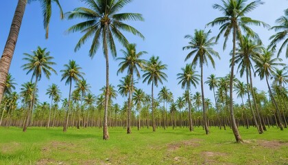 Obraz premium Coconut palm plantation with blue sky in Thailand