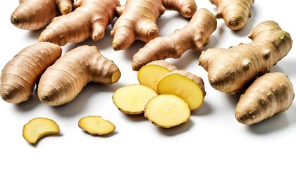 collection fresh ginger on white background
